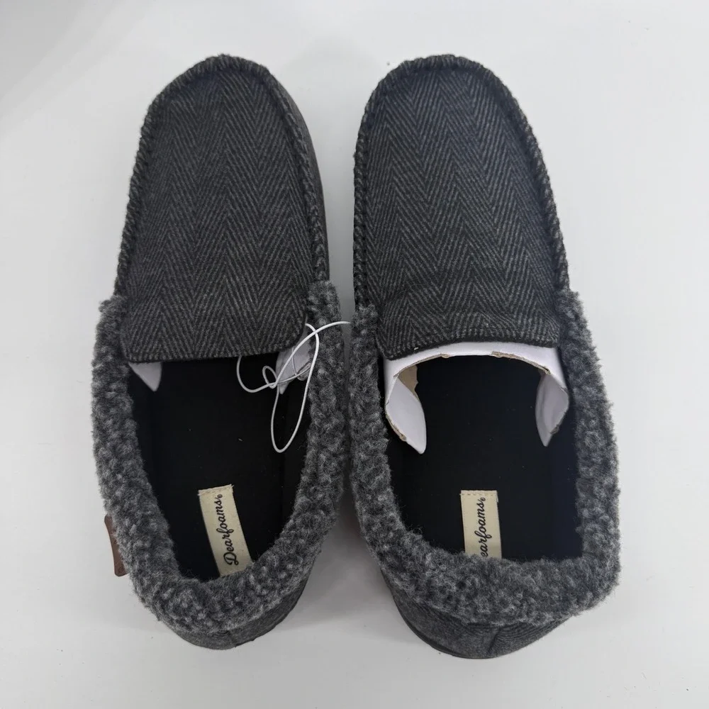 Dearfoams Mens Memory Foam Herringbone Moccasin Slippers Grey XL 13-14‎